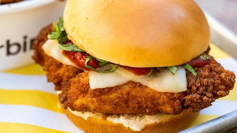 A product image of a chicken sandwich from Starbird Chicken