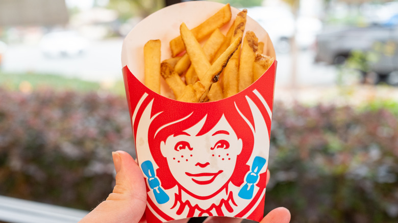 Someone holding a single order of fries from Wendy's