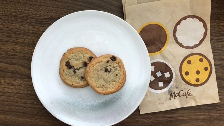 Two McDonald's chocolate chip cookies.