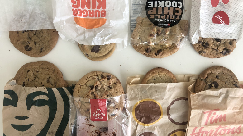 Eight different fast food chocolate chip cookies.