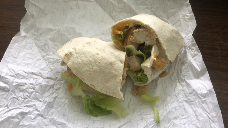 Wendy's grilled chicken wrap on a table