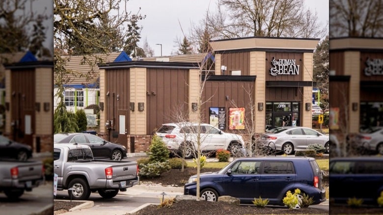 A line of cars outside The Human Bean