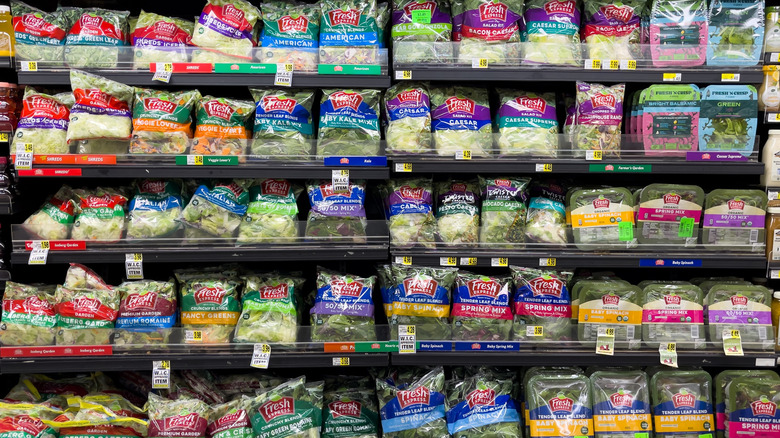 Packaged salads on shelves at grocery store