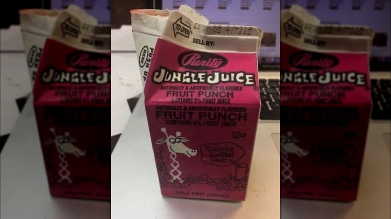 Opened carton of Jungle Juice Fruit Punch drink