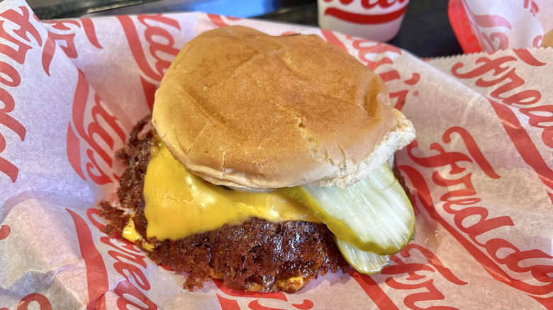 Freddy's Original Double burger on a paper wrapper