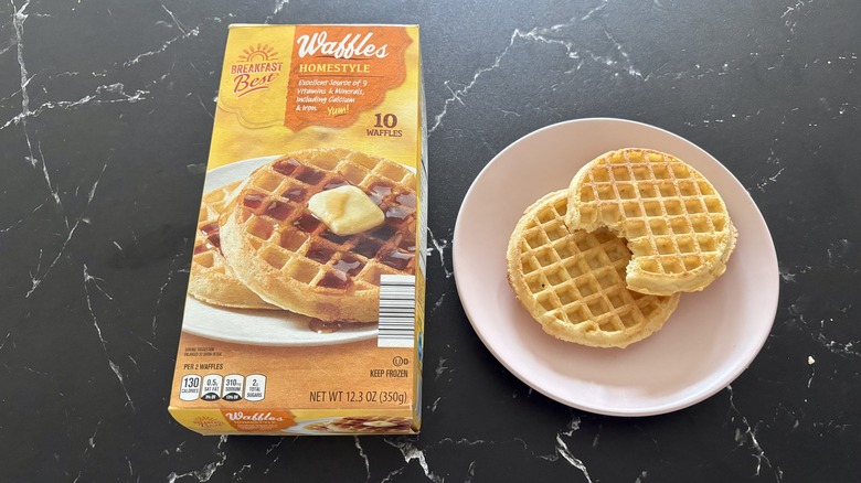 Aldi homestyle waffles box next to waffles on plate