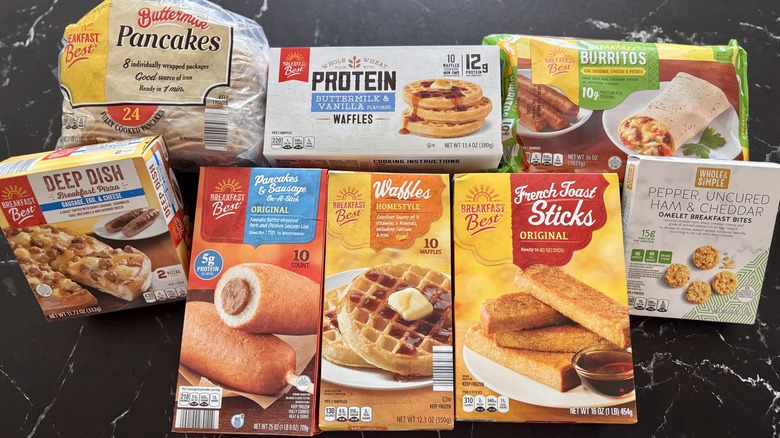 Various Aldi frozen breakfast products on countertop