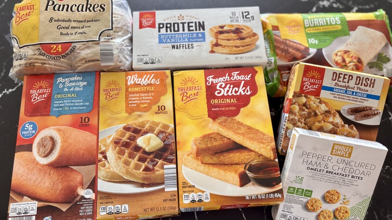 Various Aldi frozen breakfast products on countertop
