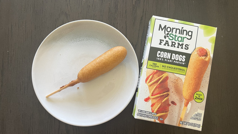 Morning Star Farms corn dog on a plate.