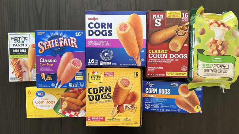8 different boxes of frozen corn dogs.