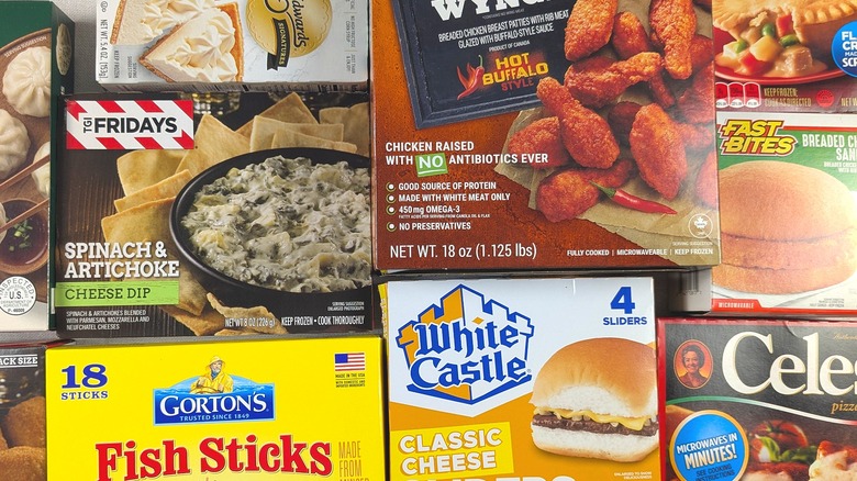 A close-up of interlocking boxes of frozen foods from Dollar Tree