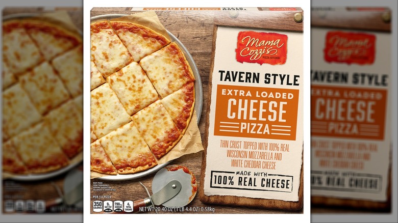 Mama Cozzi's tavern-style extra loaded cheese pizza on white background
