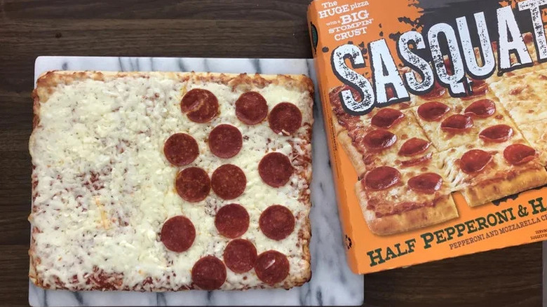 Sasquatch Pizza Co. half-pepperoni and half-cheese pizza