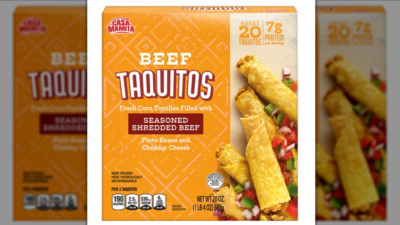 Casa Mamita beef taquitos on white background