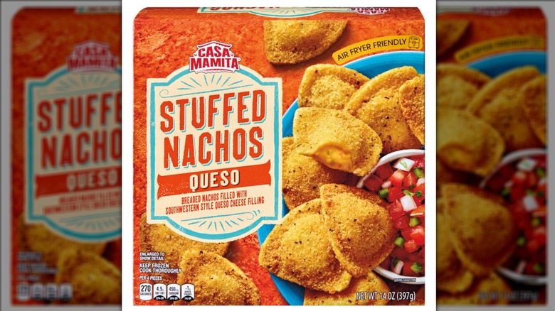 Casa Mamita queso-stuffed nachos on white background