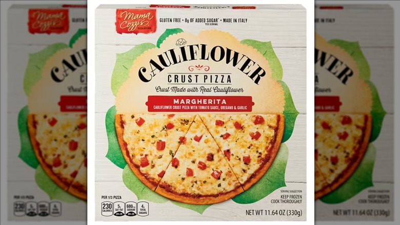 Mama Cozzi's cauliflower crust margherita pizza on white background