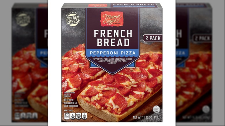 Mama Cozzi's pepperoni French bread pizza on white background