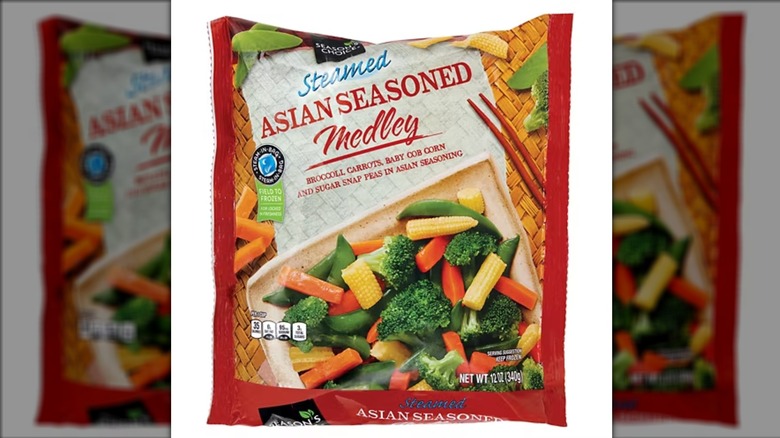 Season's Choice steamed Asian seasoned vegetable blend on white background