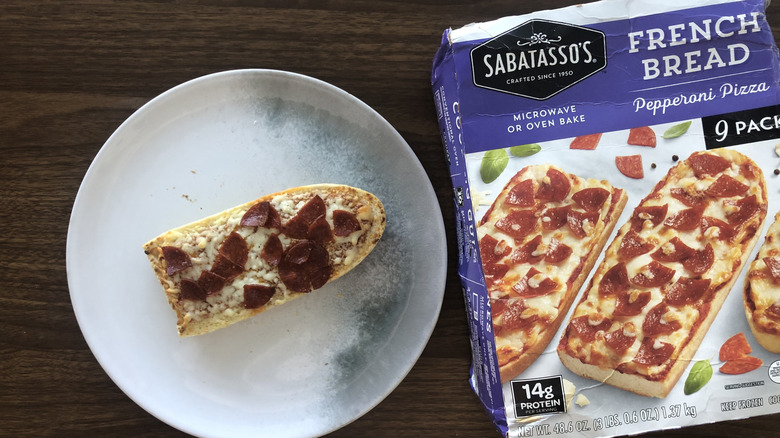 Costco Sabatasso's French bread pepperoni pizza on a plate.