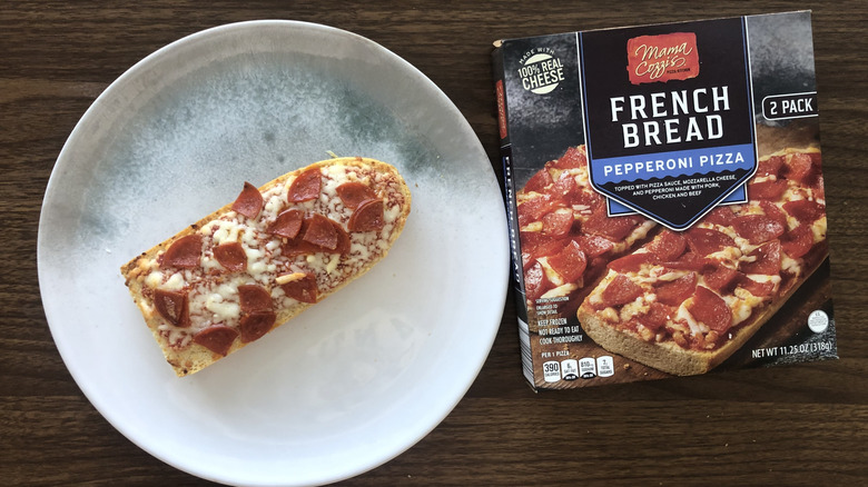 Red Baron French bread pepperoni pizza on a plate.