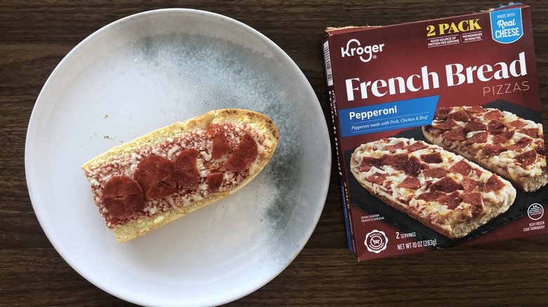 Kroger pepperoni French bread pizza on a plate.