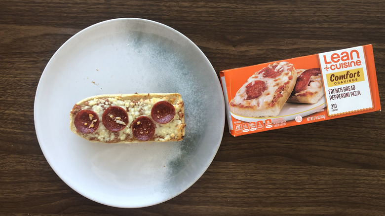 Lean Cuisine French bread pepperoni pizza on plate.