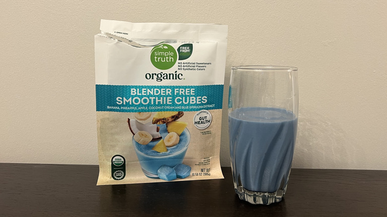 Kroger Simple Truth smoothie cubes smoothie in a glass.