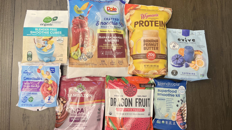 8 different frozen smoothie mixes in bags.