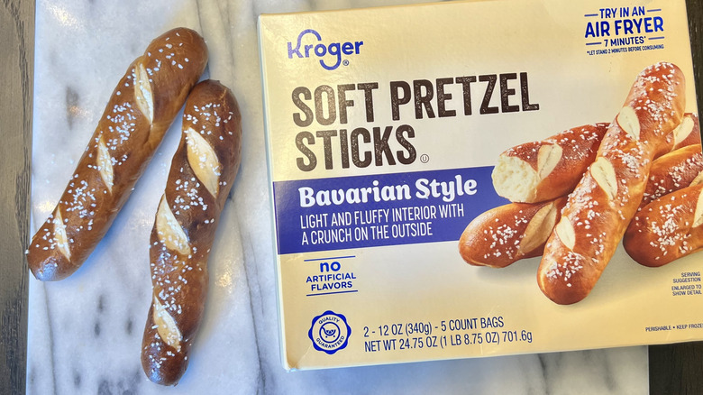 Kroger Bavarian-style frozen soft pretzel sticks with salt.