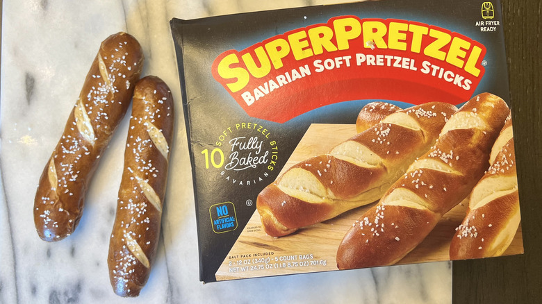 SuperPretzel frozen Bavarian soft pretzel sticks with salt.
