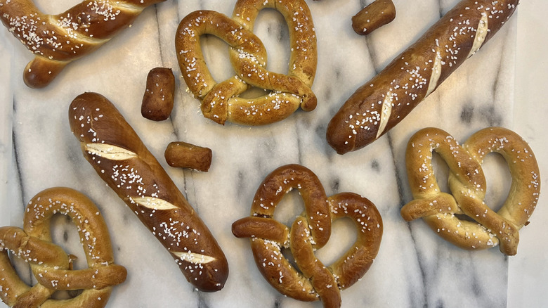 Soft pretzels on a marble background