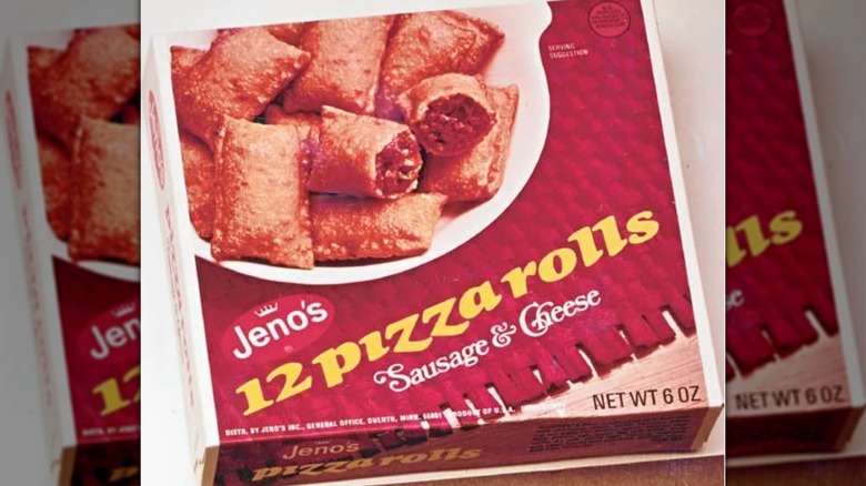 A box that says "Jeno's pizza rolls" next to pieces of pastry