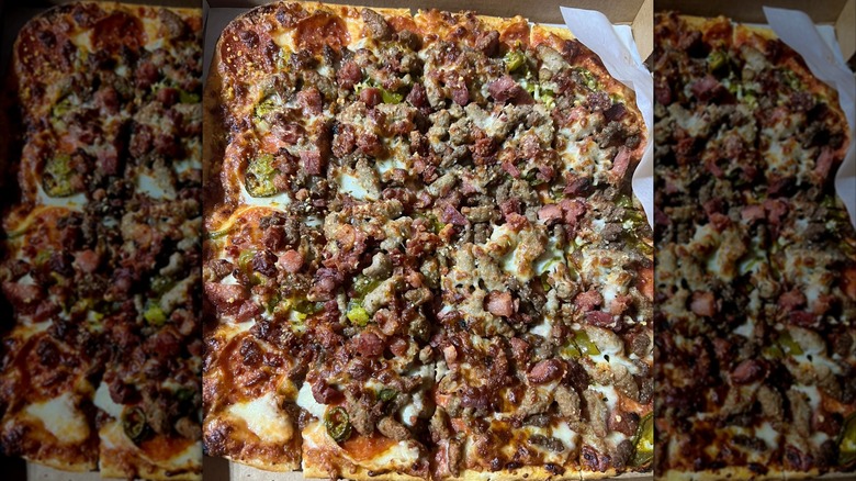 Whole Hunts Brothers Pizza lotsa meat pizza in box