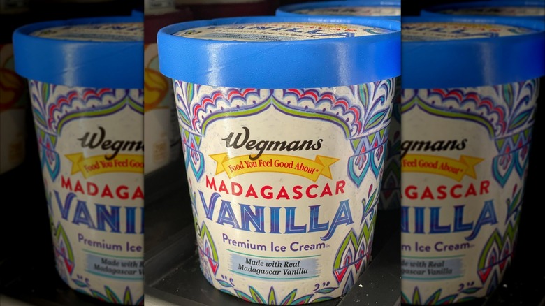 Pint of Madagascar vanilla ice cream on Wegman's freezer shelf