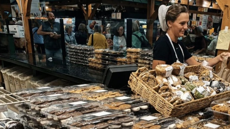 Woman selling goods behind a display of cookies, muffins, and whoopie pies