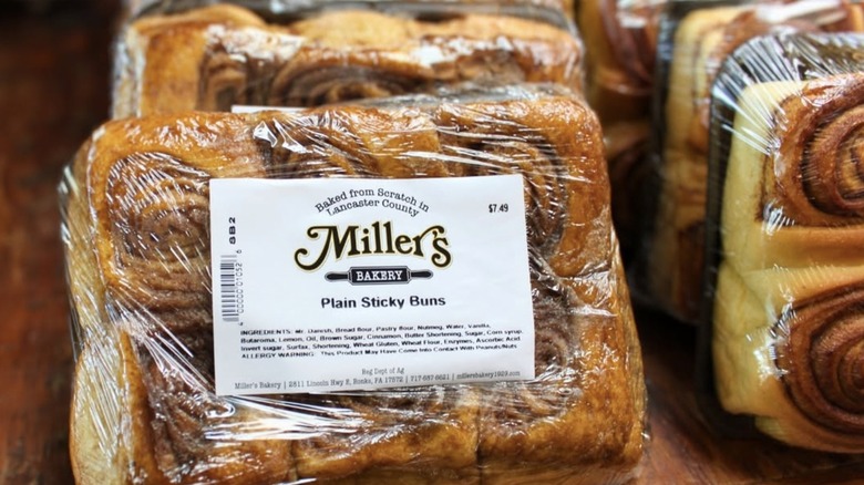 Wrapped packages of Miller's Bakery sticky buns