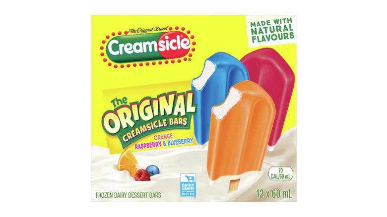The front of a box of 12-pack creamsicle in orange, raspberry and blueberry flavor against a white background