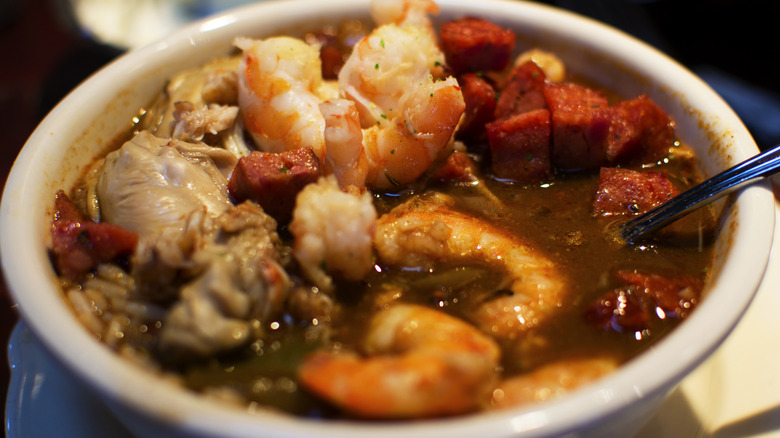 Close up of bowl of seafood gumbo