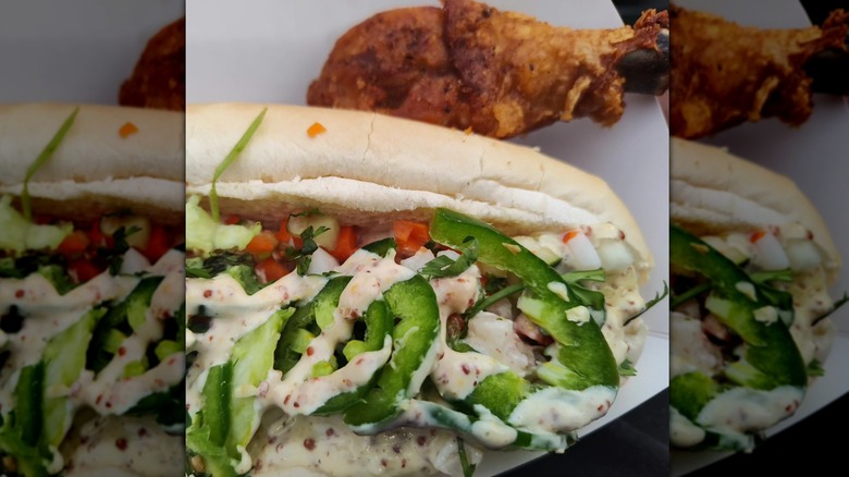 Banh Mi Brat with sauce close up