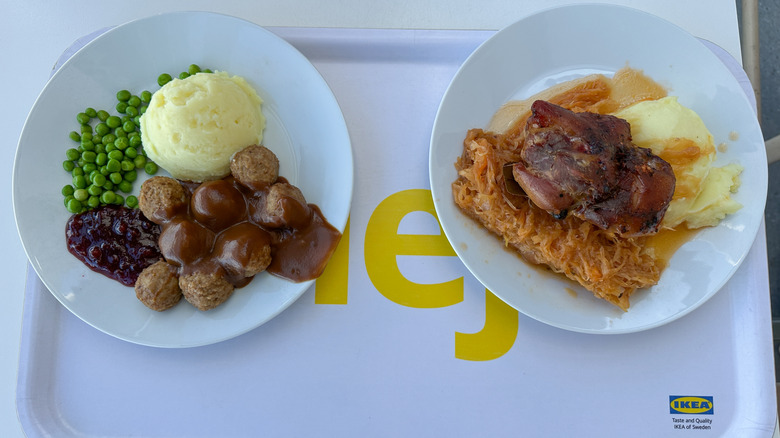 Top view of two IKEA meals show on a tray, including its famous meatball dish
