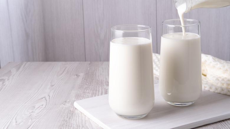 Two glasses of milk on grey table