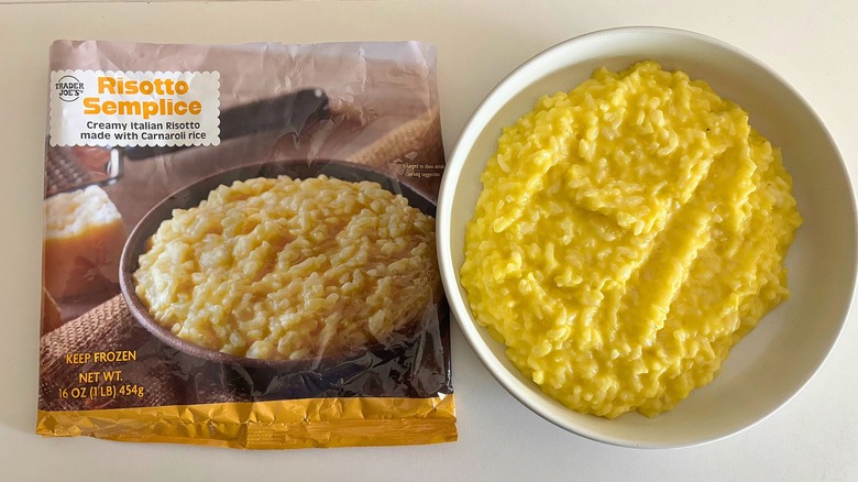 Trader Joe's Risotto Semplice in a white bowl next to bag on a white table