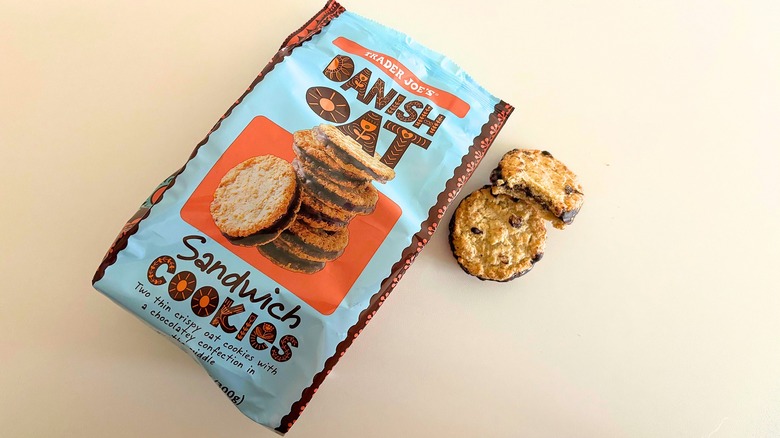 Trader Joe's Danish Oat Sandwich Cookies next to the bag on a white table