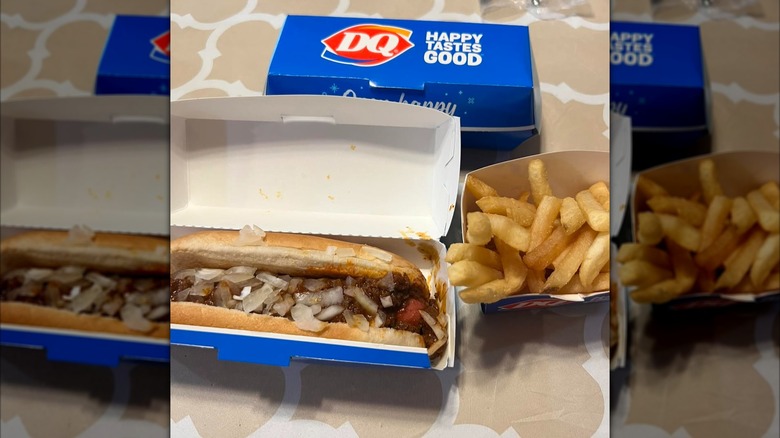 Chili dog and fries from Dairy Queen on a table