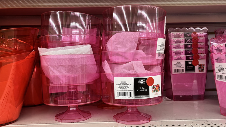Stack of pink trifle containers at Dollar Tree