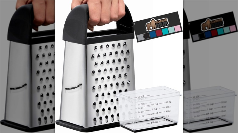 A person using a Gorilla Grip XL 4-sided cheese grater with container