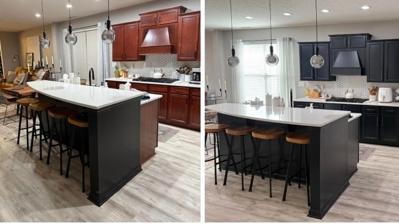 Photo composite of kitchen with wood cabinets next to same kitchen with cabinets painted black