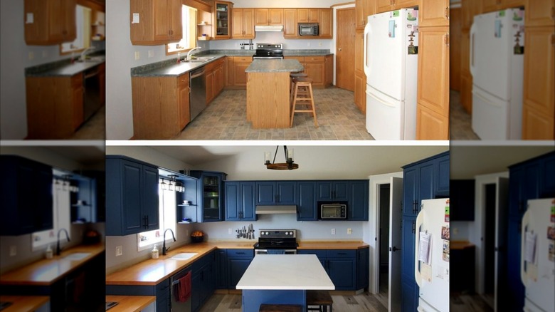 Photo of kitchen with light wood cabinets above photo of same kitchen with cabinets now painted dark blue