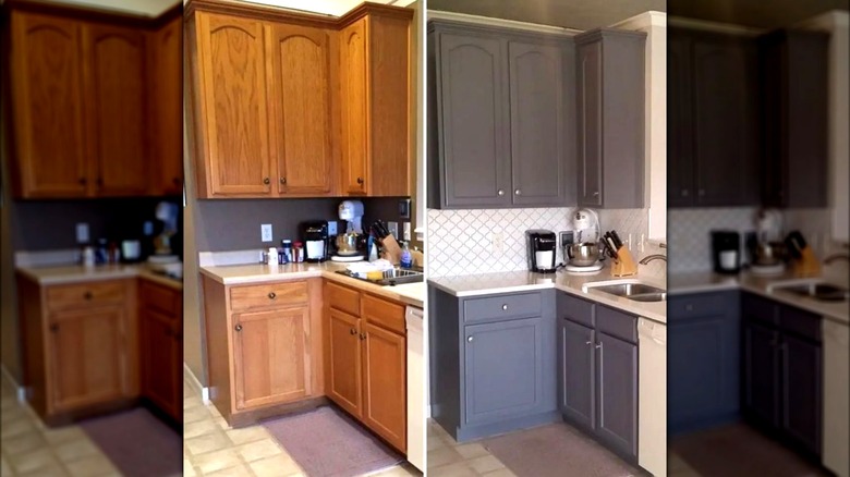 Image composite of wood kitchen cabinets next to same cabinets painted dark gray