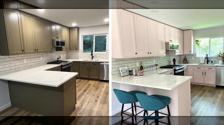 Photo of kitchen with brown cabinets next to photo of same kitchen with pale pink cabinets